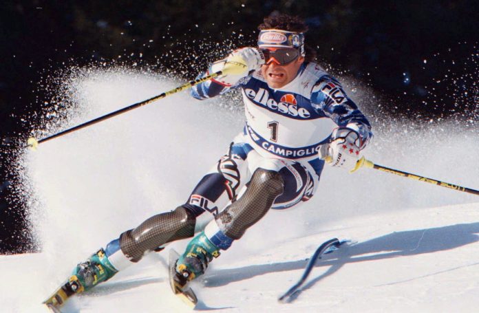 Alberto Tomba in azione durante la gara di slalom - Madonna di Campiglio - 17.12.1996