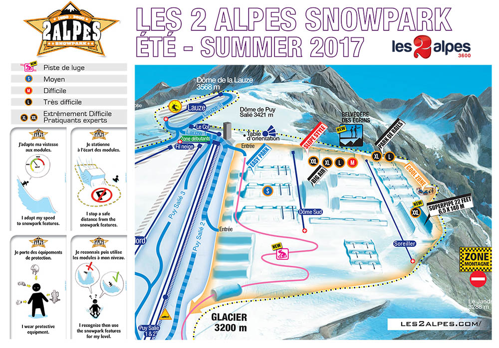 La cartina dello snowpark sul ghiacciaio a Les 2 Alpes 3600