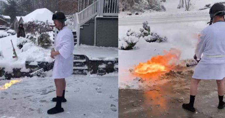 Con il lanciafiamme scioglie la neve davanti casa, il video