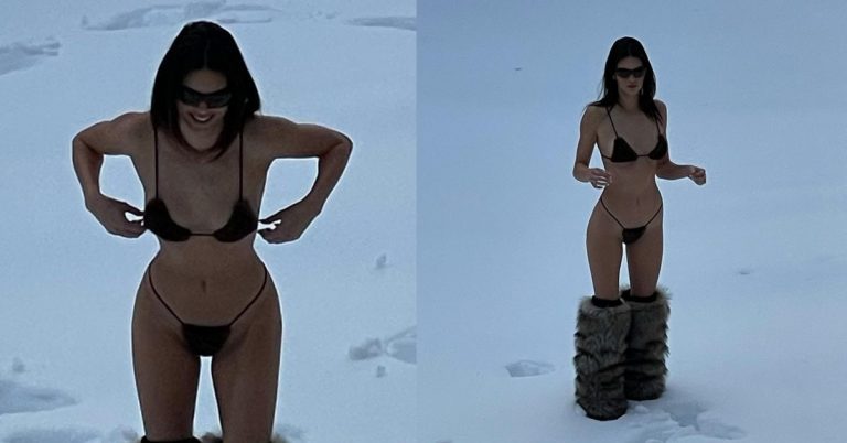 Kendall Jenner sulla neve in micro bikini ma si scalda con gli stivali di pelo
