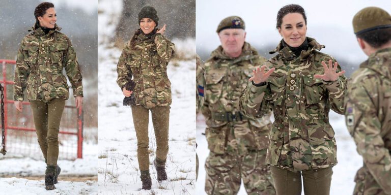 Kate Middleton si addestra con il battaglione Irish Guards nella neve