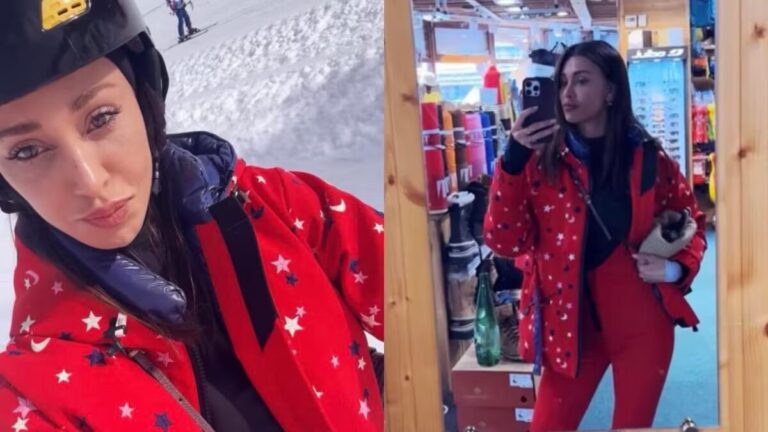 Belen Rodriguez sulla neve sfoggia il completo sci di Moncler da 3.000 euro – VIDEO
