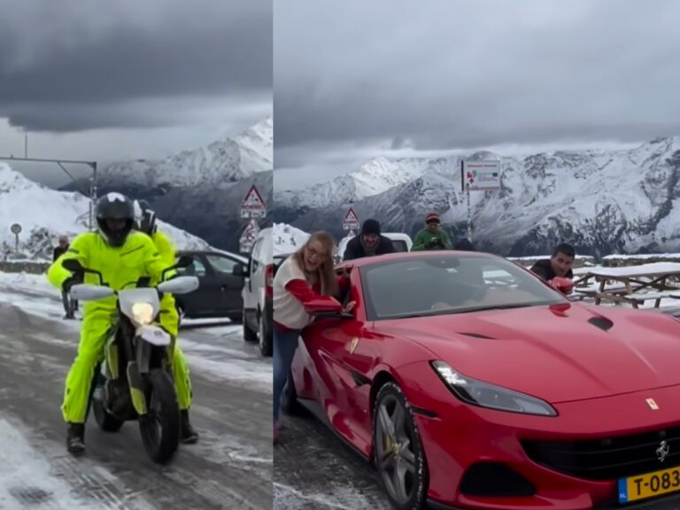 Traffico bloccato sullo Stelvio: Ferrari spinta a mano e moto in difficoltà per la neve – video