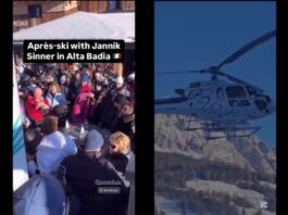 Jannik Sinner arriva in elicottero all’apres ski del Club Moritzino – VIDEO