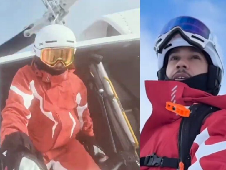 Lewis Hamilton come non l’avete mai visto, si lancia dall’elicottero e scende dalla montagna con lo snowboard – VIDEO