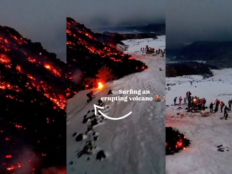 Etna, snowboarder scende dalla montagna vicino alla lava del vulcano – VIDEO