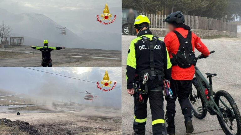 Bolognola, slavina blocca in mezzo alla neve due ciclisti salvati con l’elicottero dai Vigili del Fuoco – VIDEO