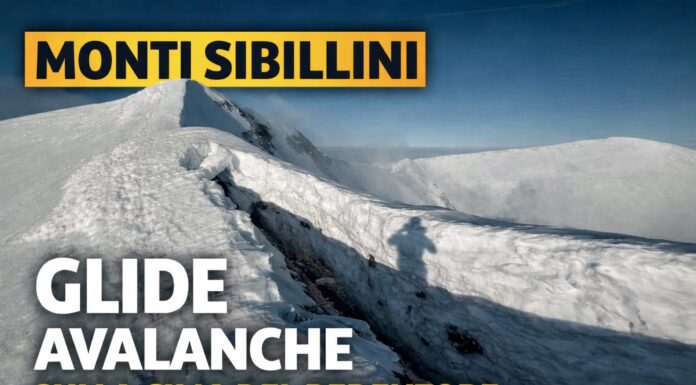 Monti Sibillini, si apre una glide avalanche sulla cima del Redentore e la crepa nella neve continua a crescere